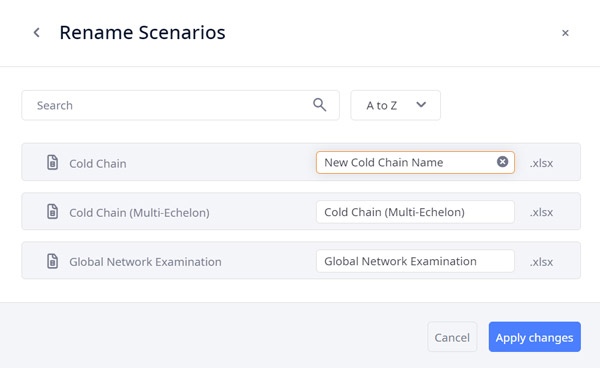 Rename scenarios dialog in anyLogistix supply chain optimization software