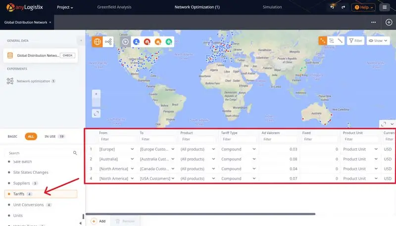 anyLogistix interface: setting up tariff parameters using the software