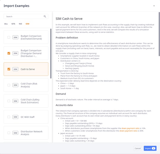 New Import Examples dialog in anyLogistix supply chain optimization software