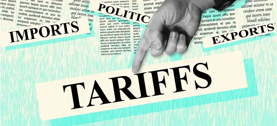 A hand points at the word TARIFFS surrounded by text about imports, politics, and exports