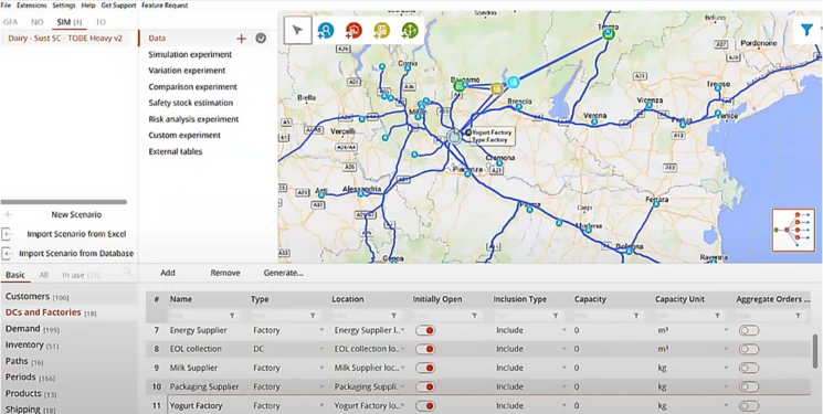 The defined supply chain and transportation network in anyLogistix